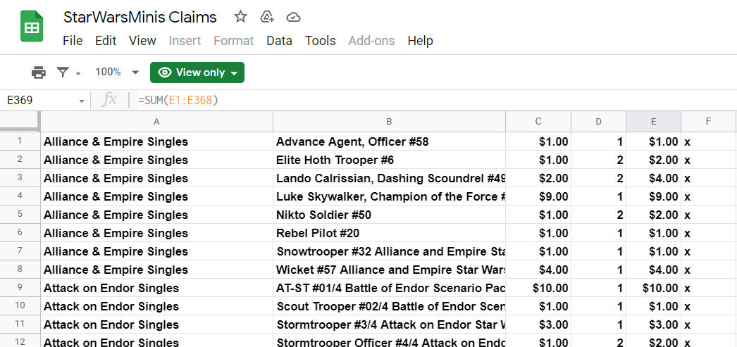 Spreadsheet of Star Wars Miniatures sell list